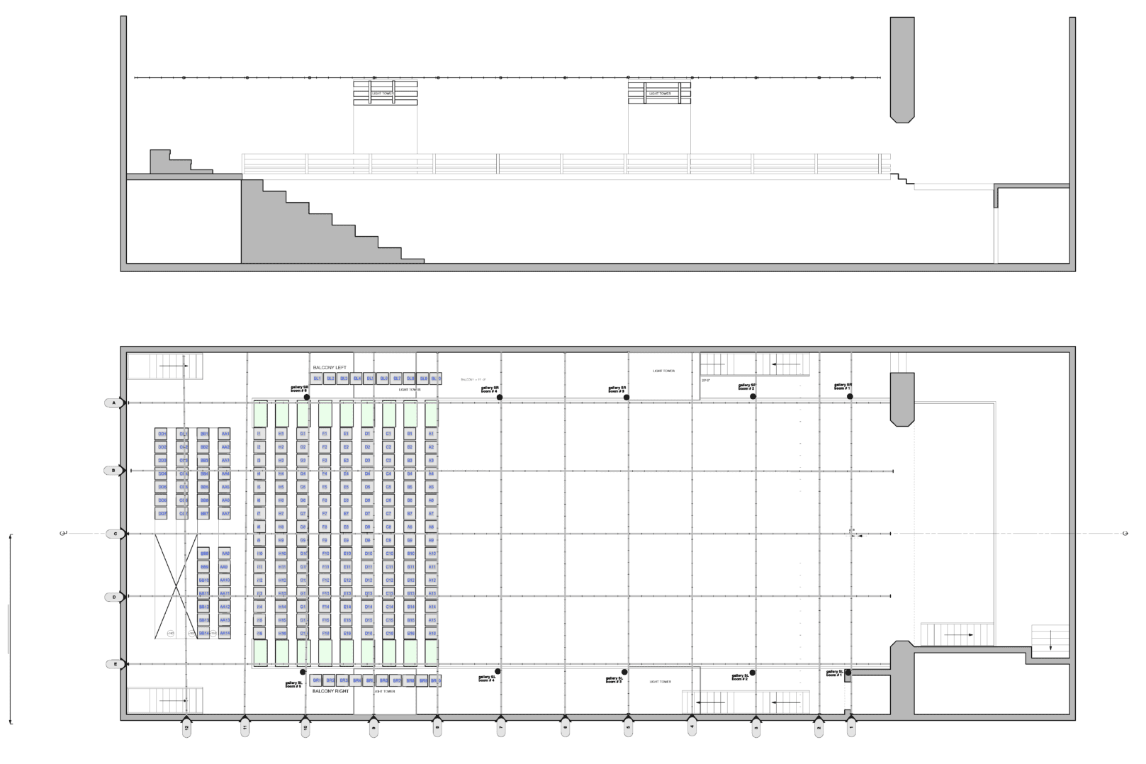 Technical architectural floor plans, including a detailed layout with various rooms and design elements, labeled with dimensions and markings.