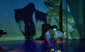 A woman is standing on stage with a shadow on her face.