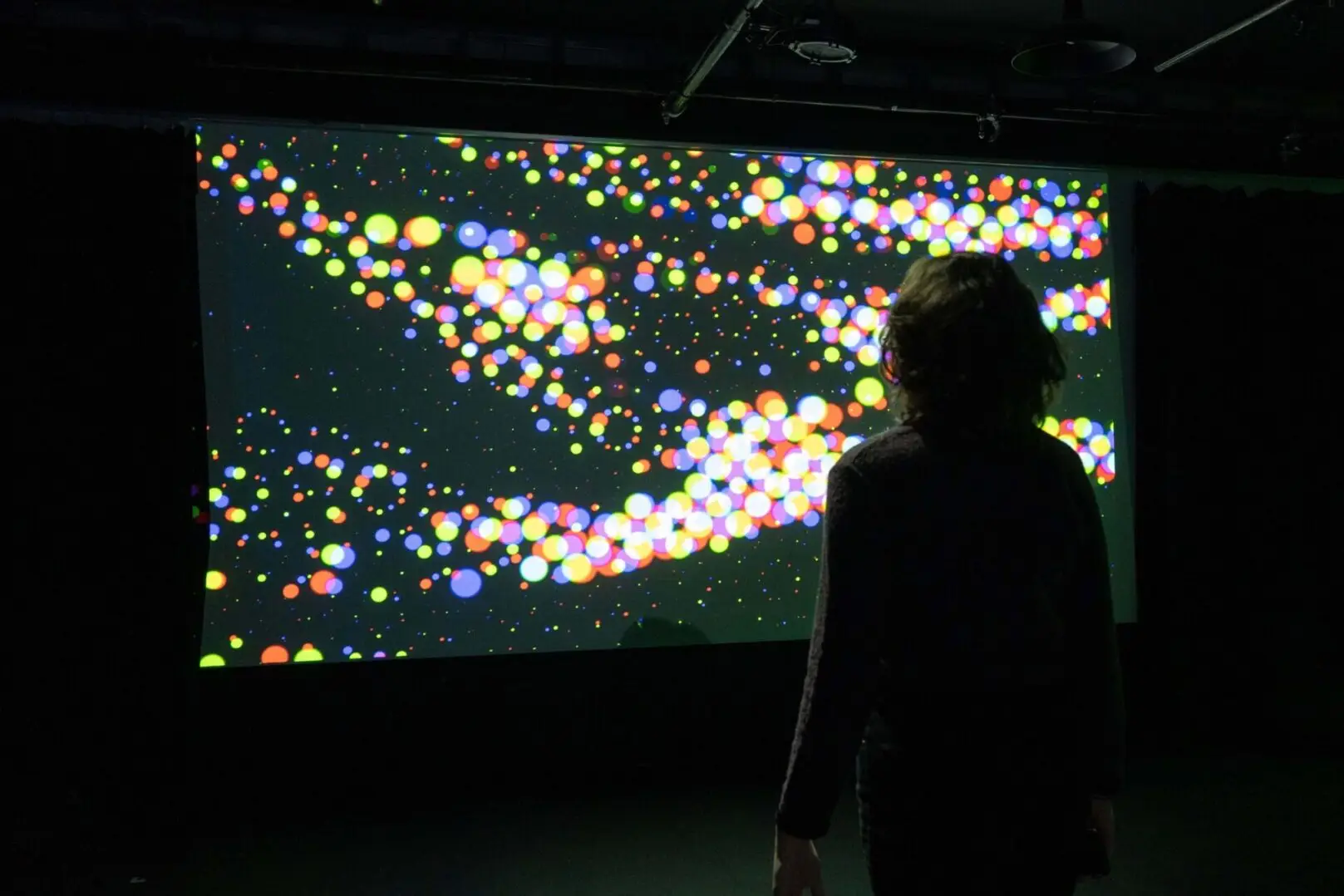 A person stands in a dark room observing a colorful, illuminated digital art installation projected on a large screen.