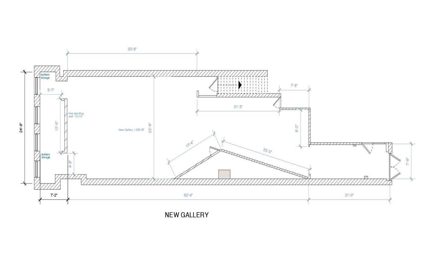 Blueprint of a new gallery layout showing detailed measurements and architectural design elements.