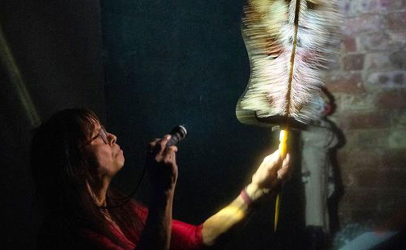 Woman holding feather duster with flashlight.